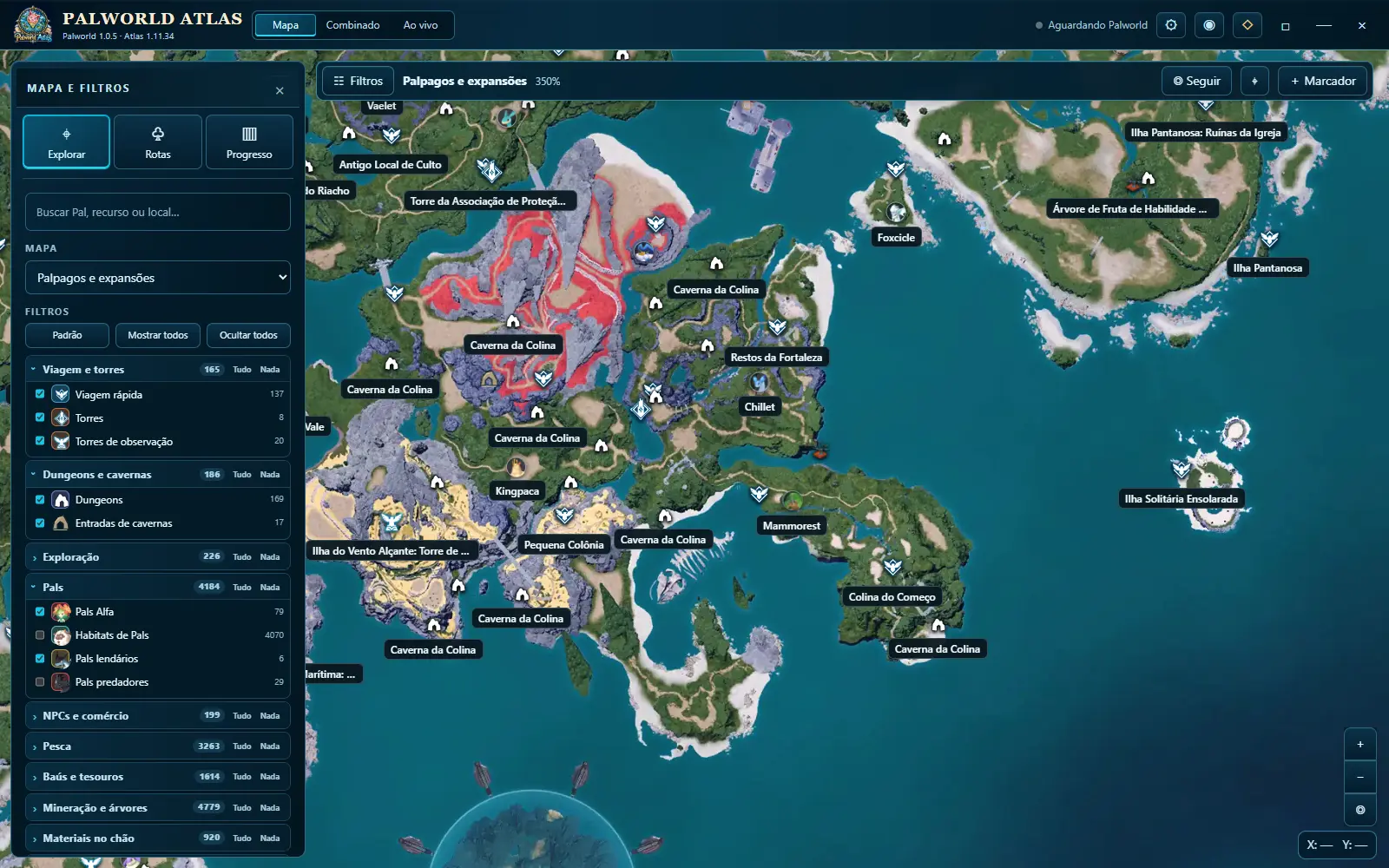 Mapa completo real do Palworld Atlas com filtros e marcadores